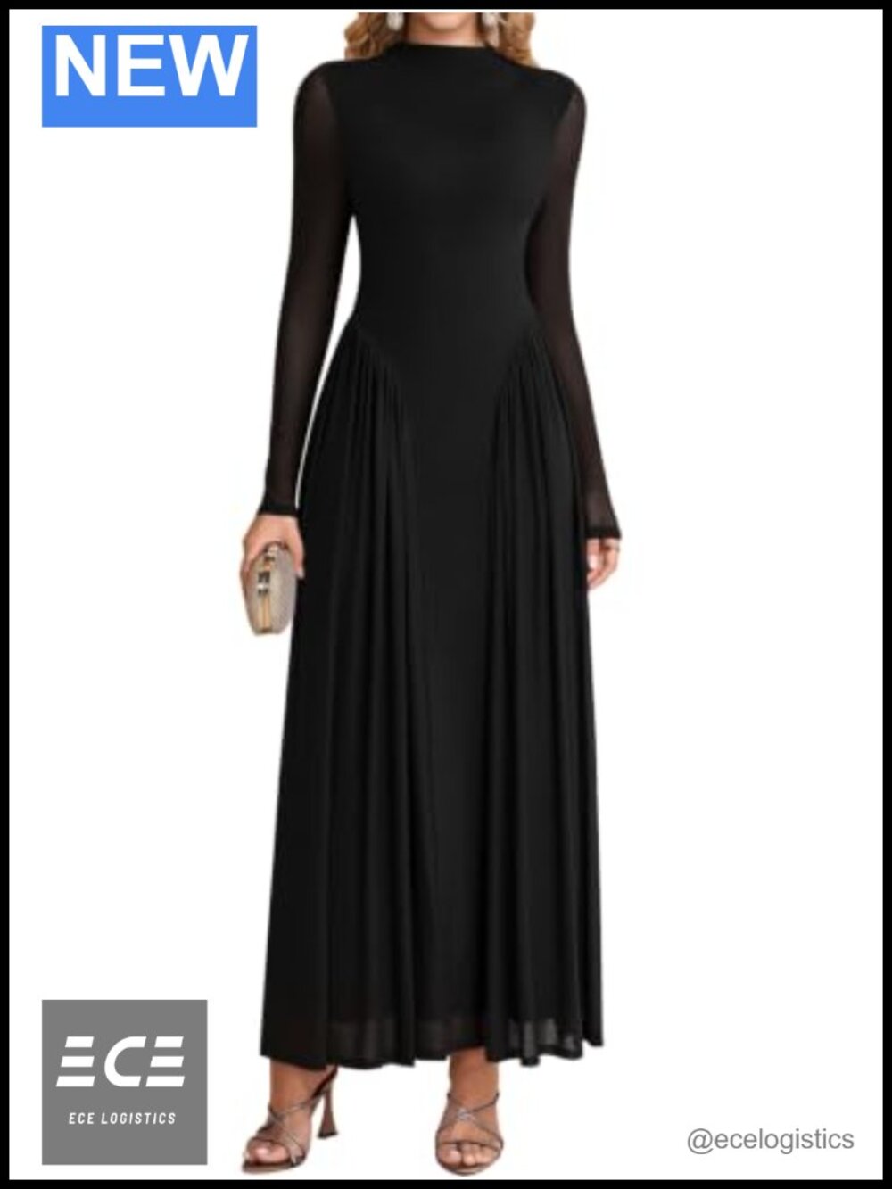 Long Sleeve Mock Neck Pleated Mesh A-Line Maxi Dress Formal Wedding Guest